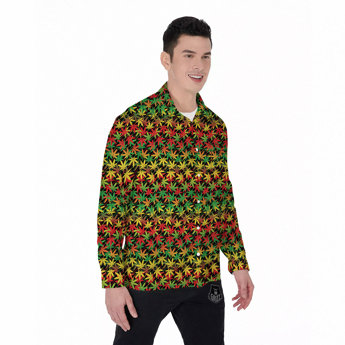 Marijuana Rasta Print Pattern Men's Long Sleeve Shirts-grizzshop