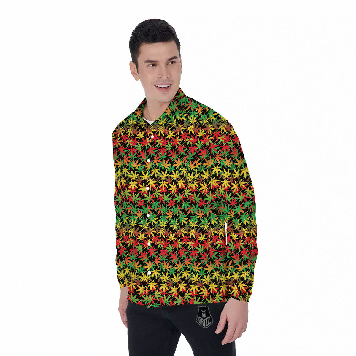 Marijuana Rasta Print Pattern Men's Long Sleeve Shirts-grizzshop