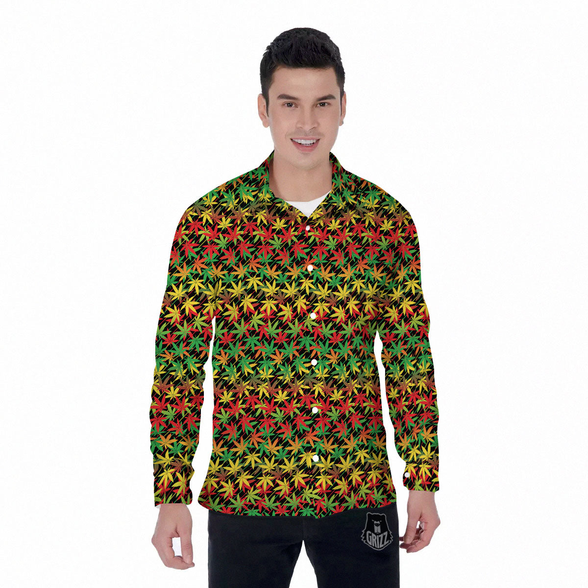 Marijuana Rasta Print Pattern Men's Long Sleeve Shirts-grizzshop
