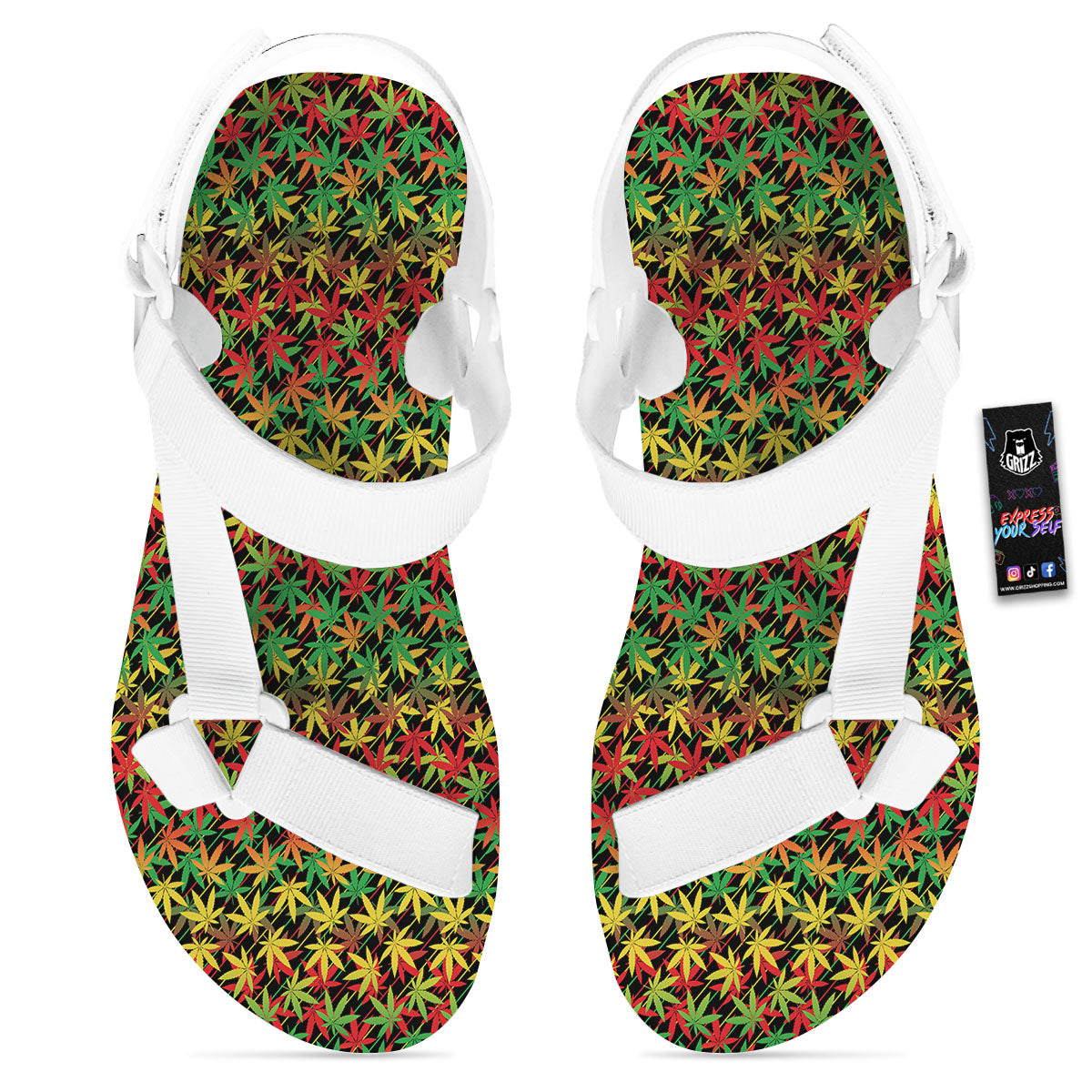 Marijuana Rasta Print Pattern White Open Toe Sandals-grizzshop