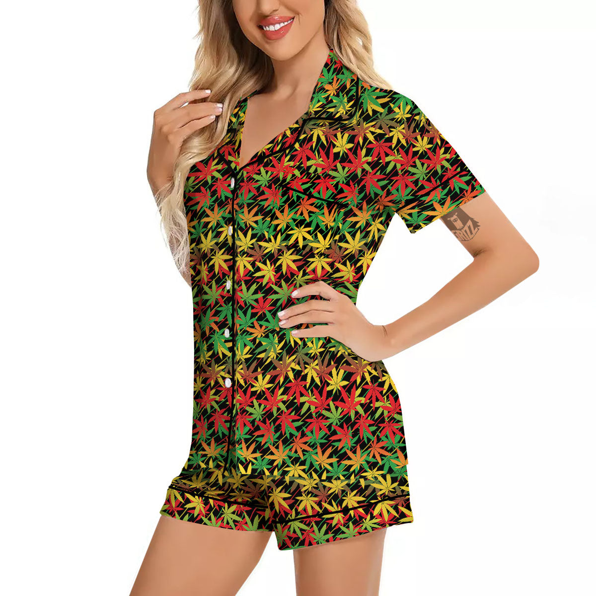 Marijuana Rasta Print Pattern Women Silk Pajamas-grizzshop