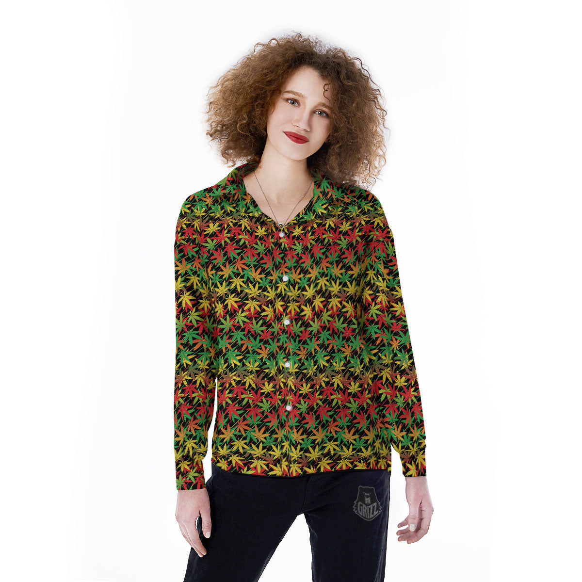 Marijuana Rasta Print Pattern Women's Long Sleeve Shirts-grizzshop
