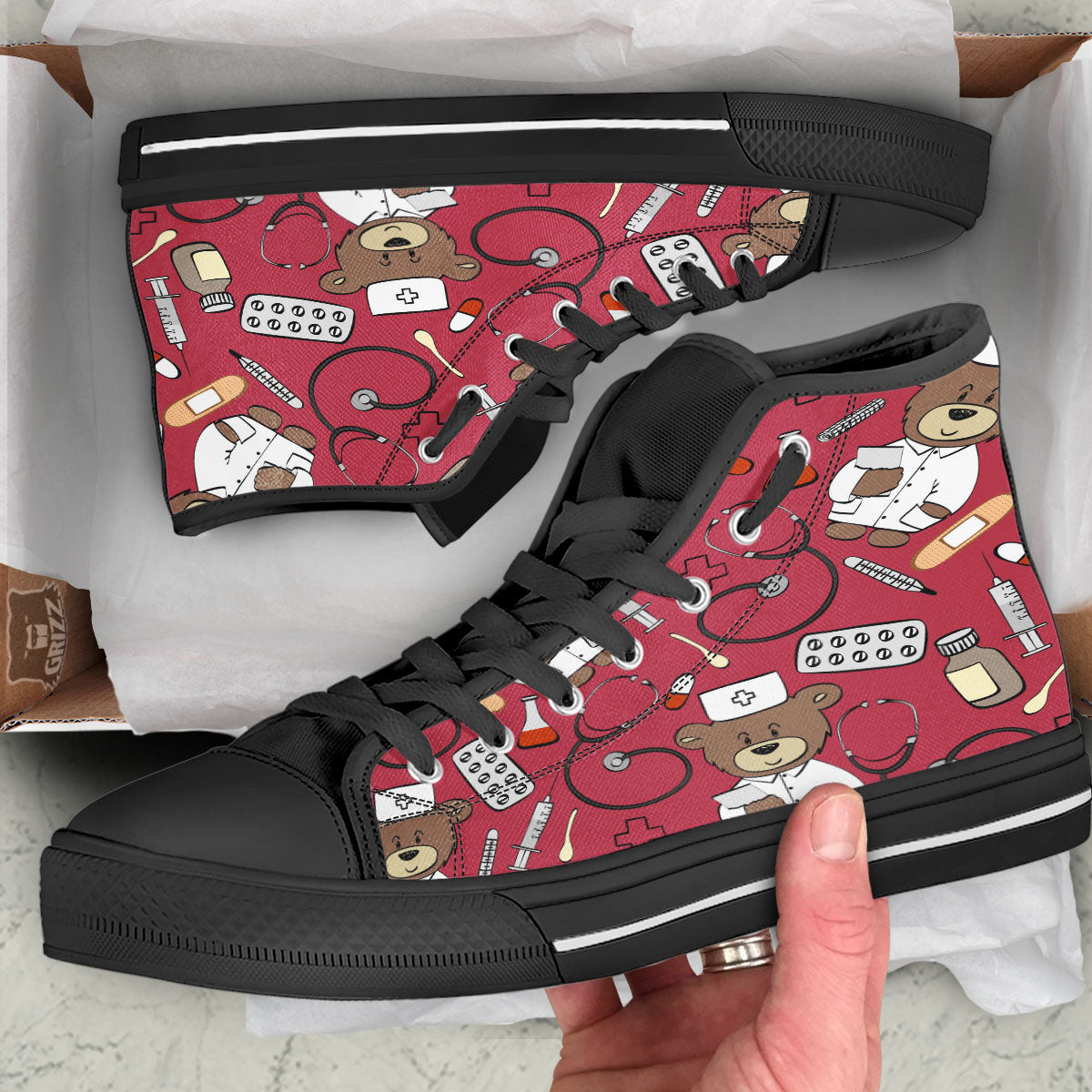 Maroon Teddy Bear Nurse Black High Top Shoes-grizzshop