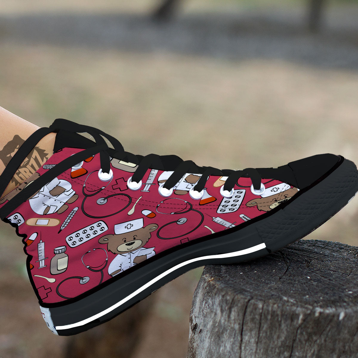 Maroon Teddy Bear Nurse Black High Top Shoes-grizzshop