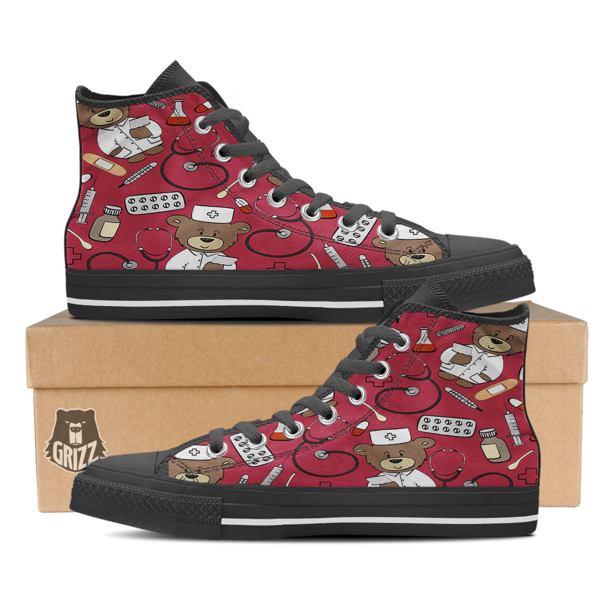 Maroon Teddy Bear Nurse Black High Top Shoes-grizzshop