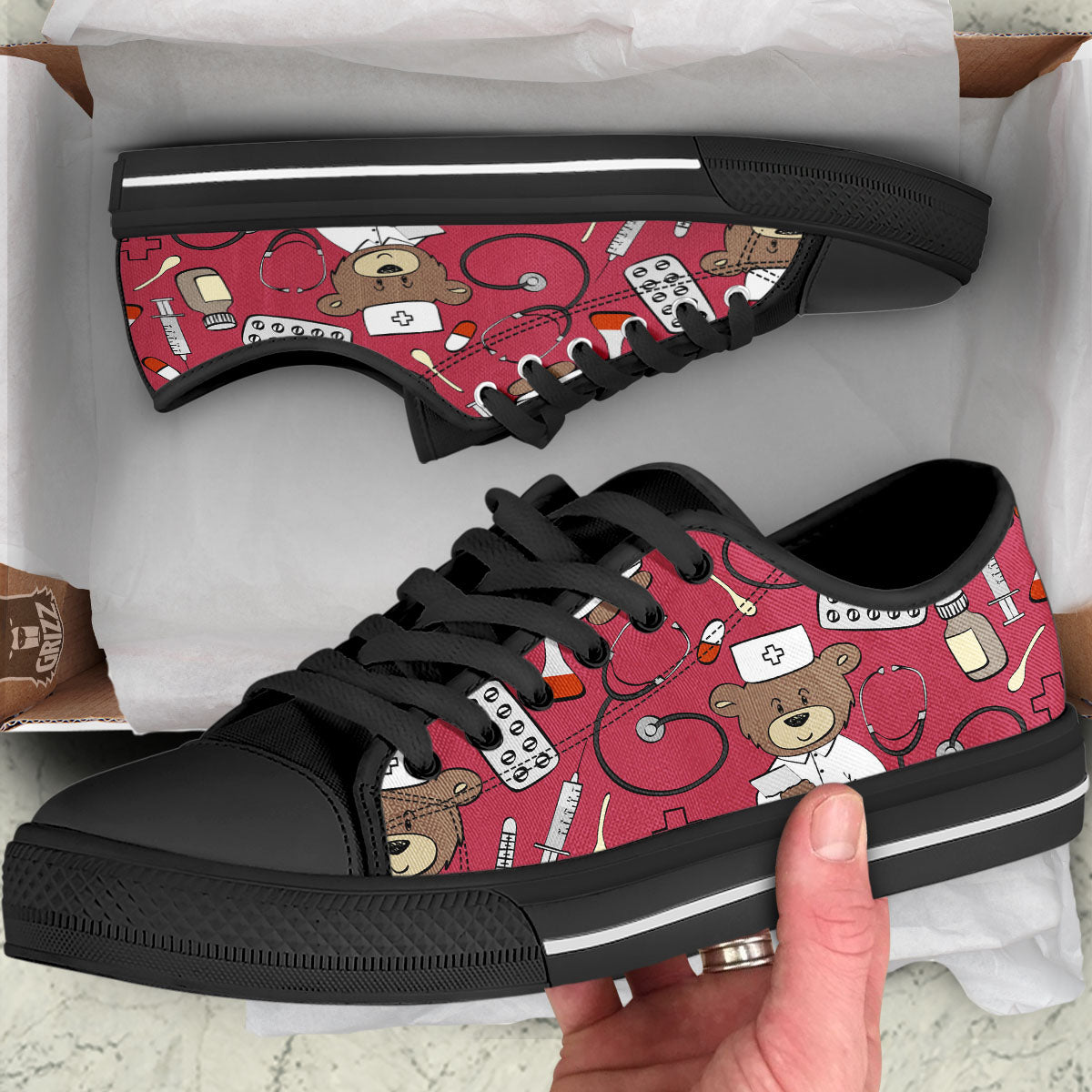 Maroon Teddy Bear Nurse Black Low Top Shoes-grizzshop