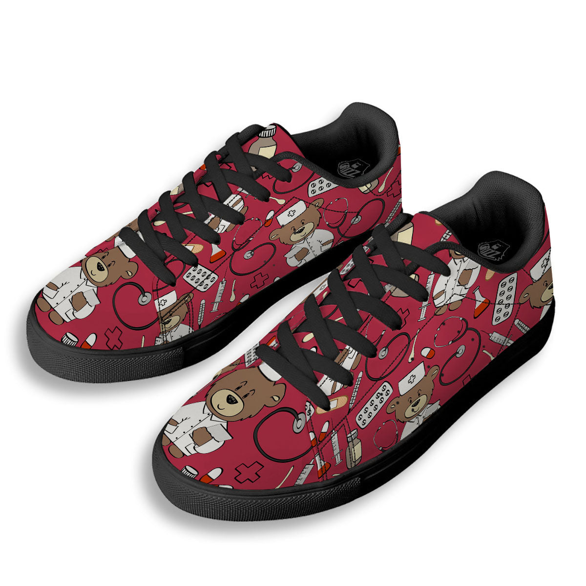 Maroon Teddy Bear Nurse Black Low Top Sneakers-grizzshop