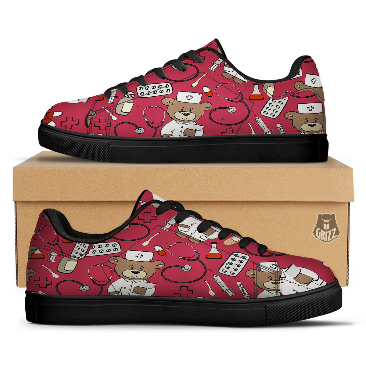 Maroon Teddy Bear Nurse Black Low Top Sneakers-grizzshop