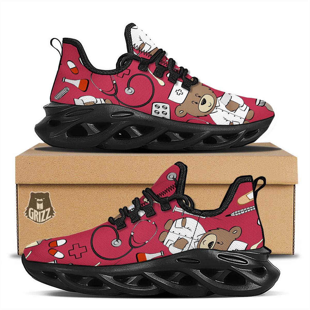 Maroon Teddy Bear Nurse Black Running Shoes-grizzshop