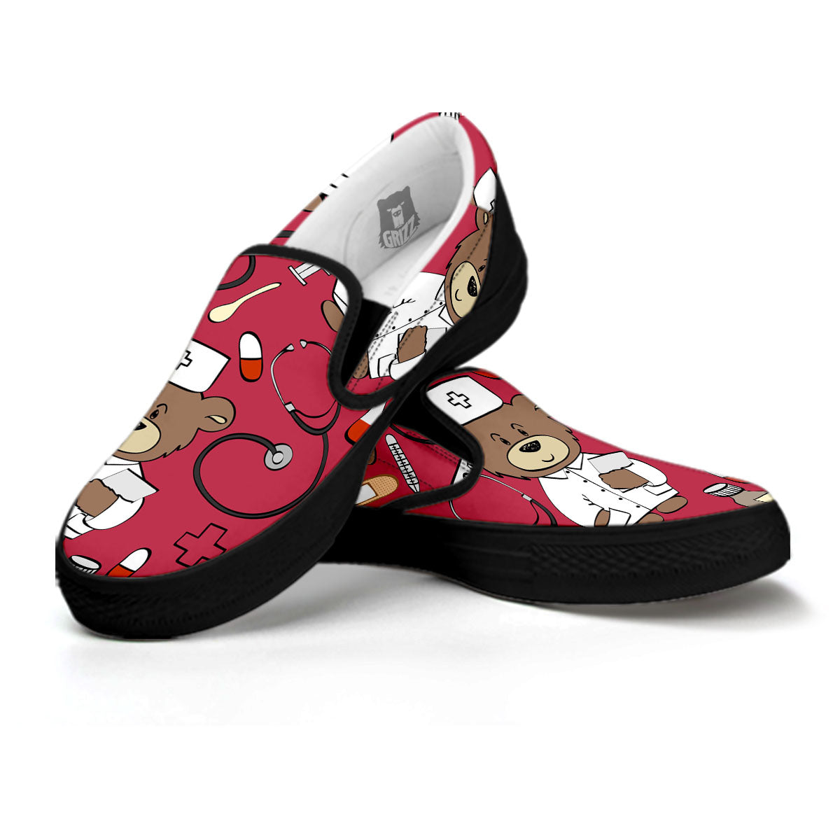 Maroon Teddy Bear Nurse Black Slip On Shoes-grizzshop