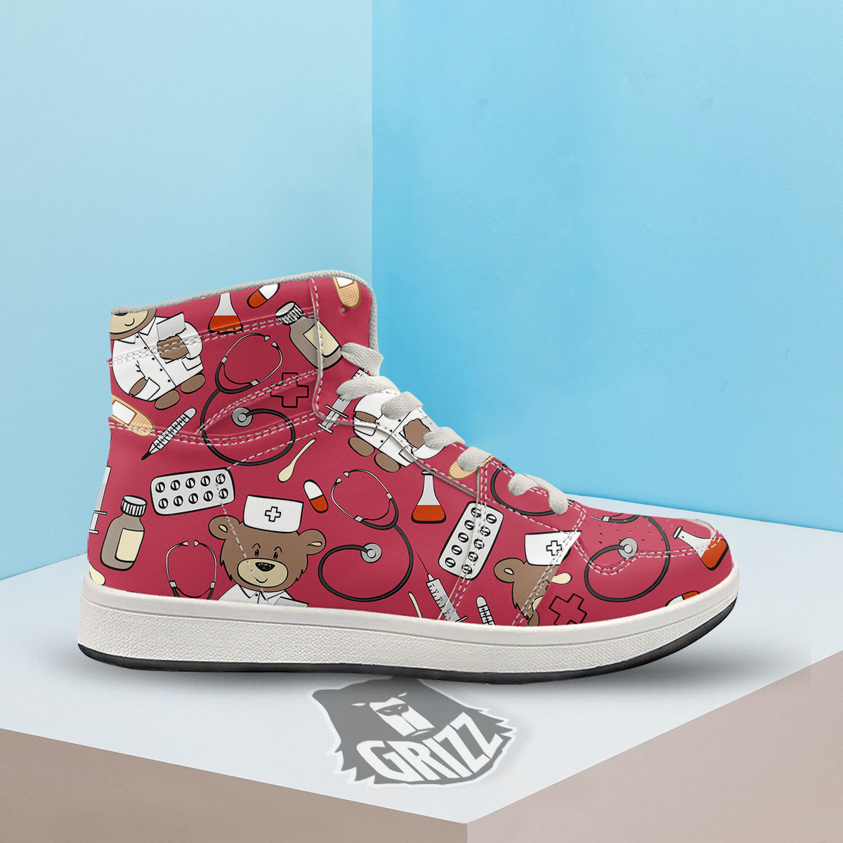 Maroon Teddy Bear Nurse High Top Sneakers-grizzshop