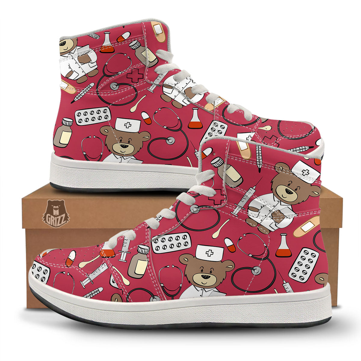 Maroon Teddy Bear Nurse High Top Sneakers-grizzshop