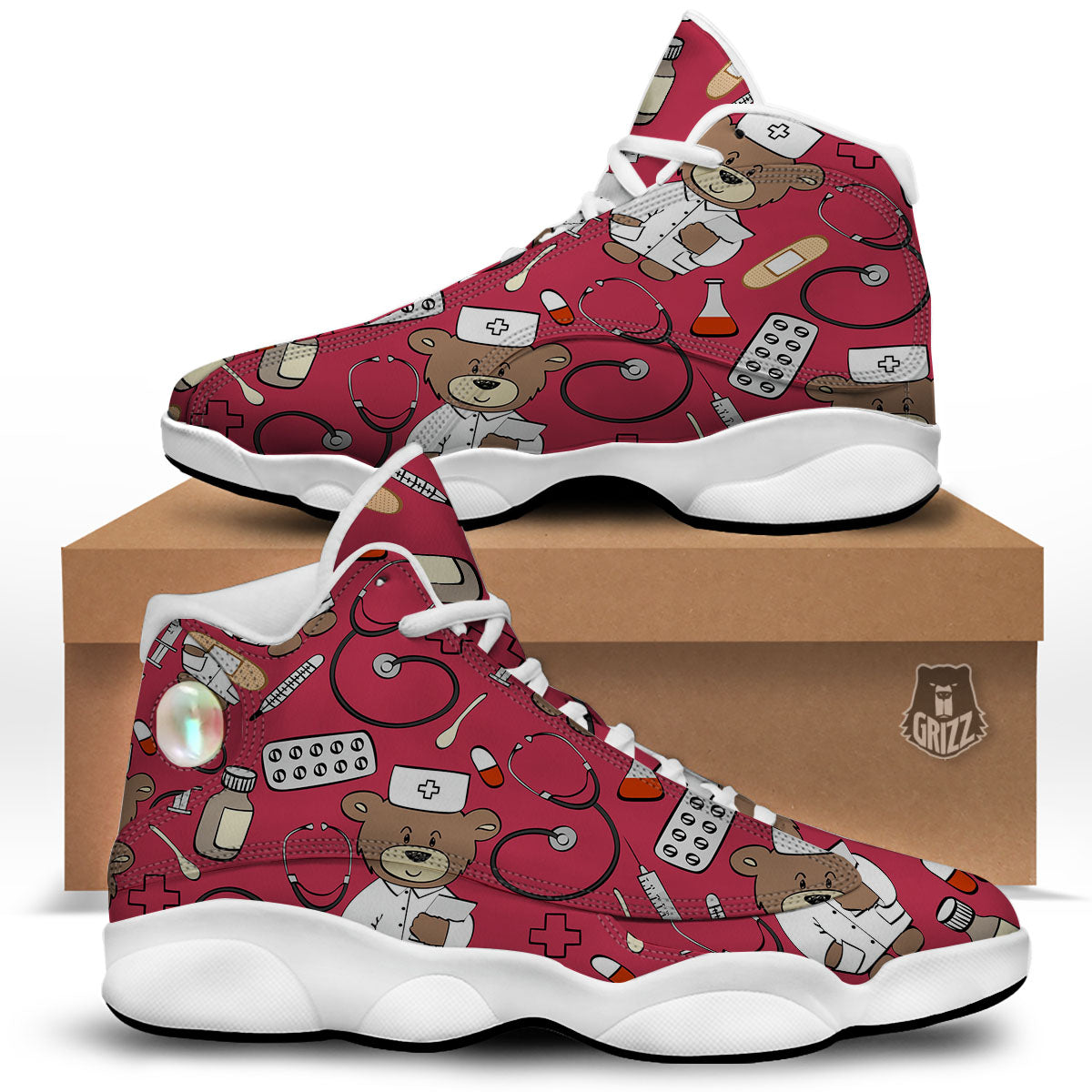 Maroon Teddy Bear Nurse White Basketball Shoes-grizzshop