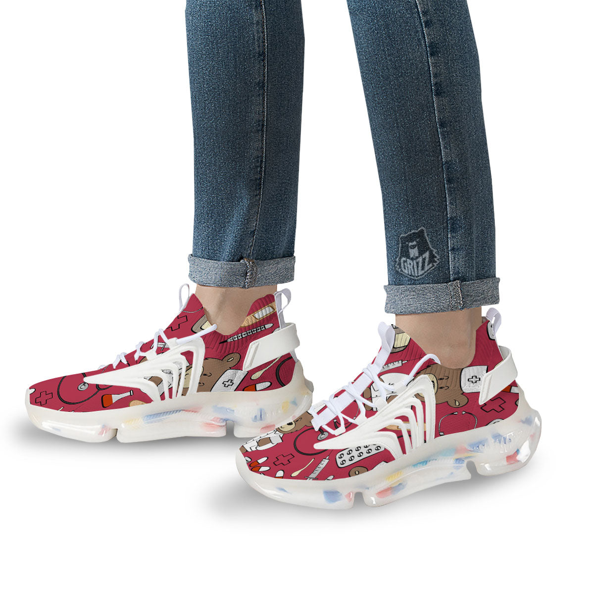 Maroon Teddy Bear Nurse White Gym Shoes-grizzshop