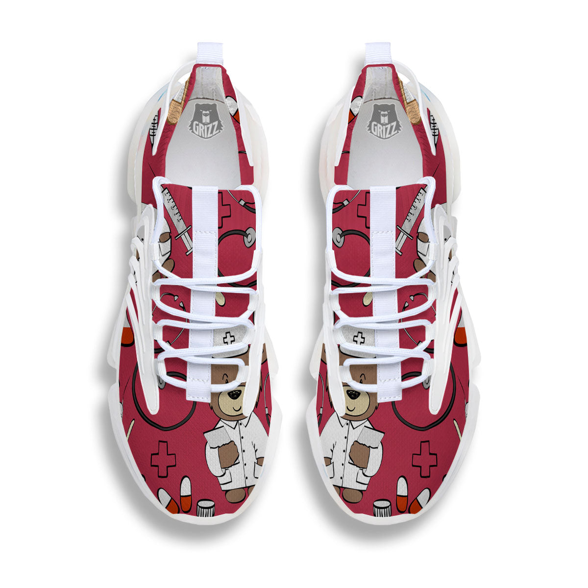 Maroon Teddy Bear Nurse White Gym Shoes-grizzshop