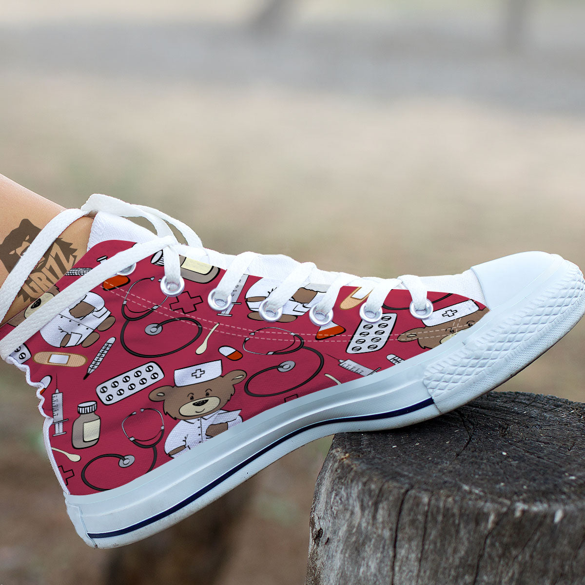 Maroon Teddy Bear Nurse White High Top Shoes-grizzshop