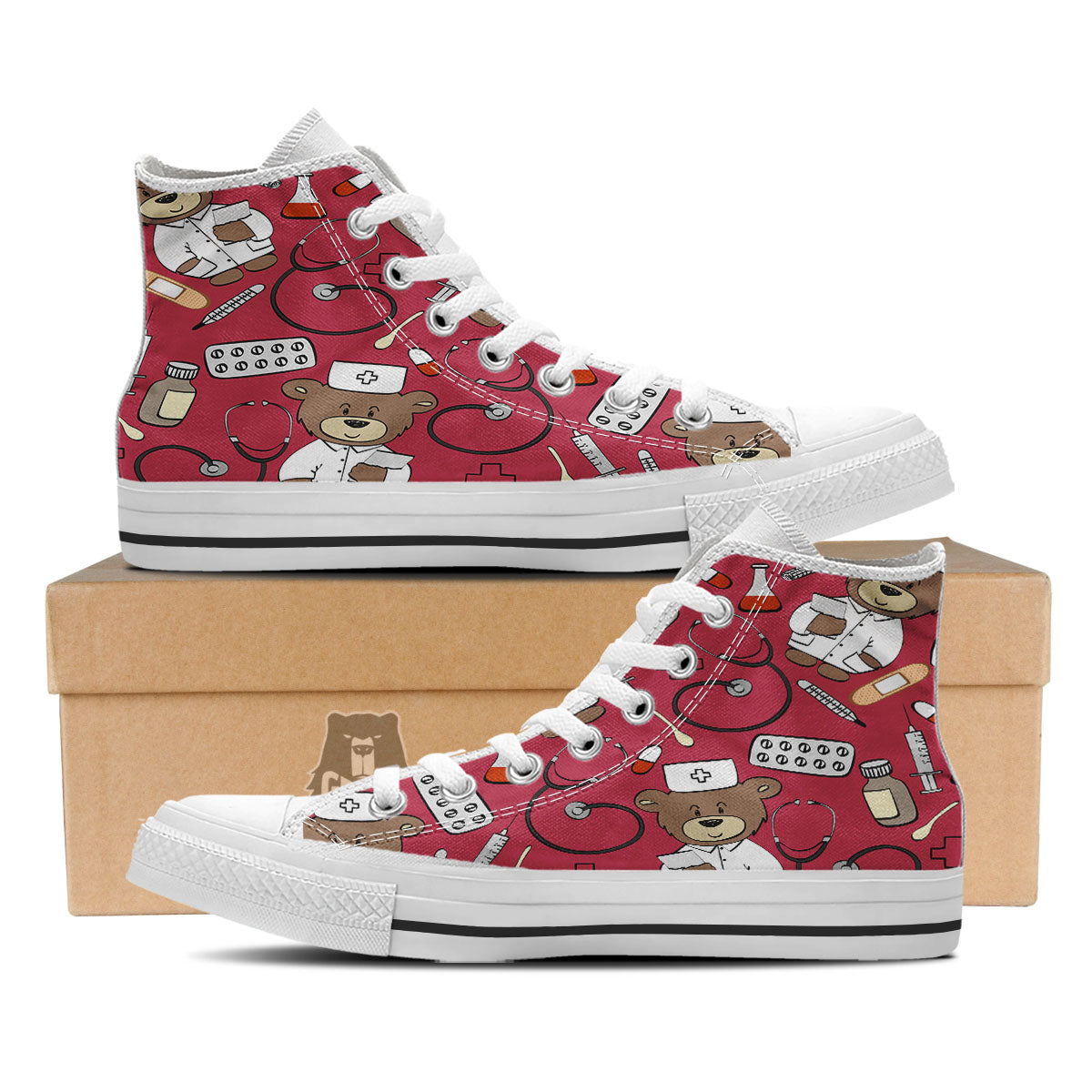 Maroon Teddy Bear Nurse White High Top Shoes-grizzshop