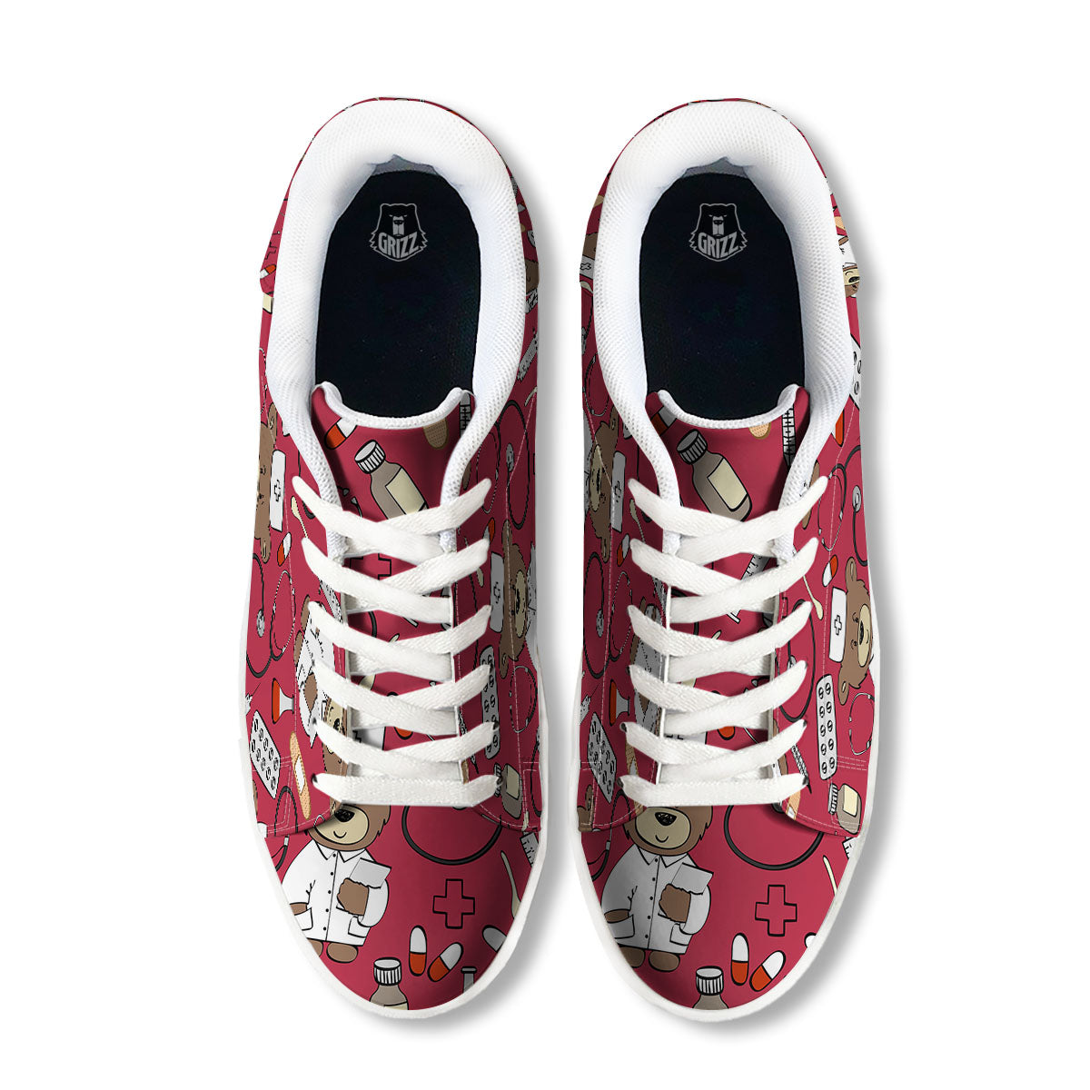 Maroon Teddy Bear Nurse White Low Top Sneakers-grizzshop