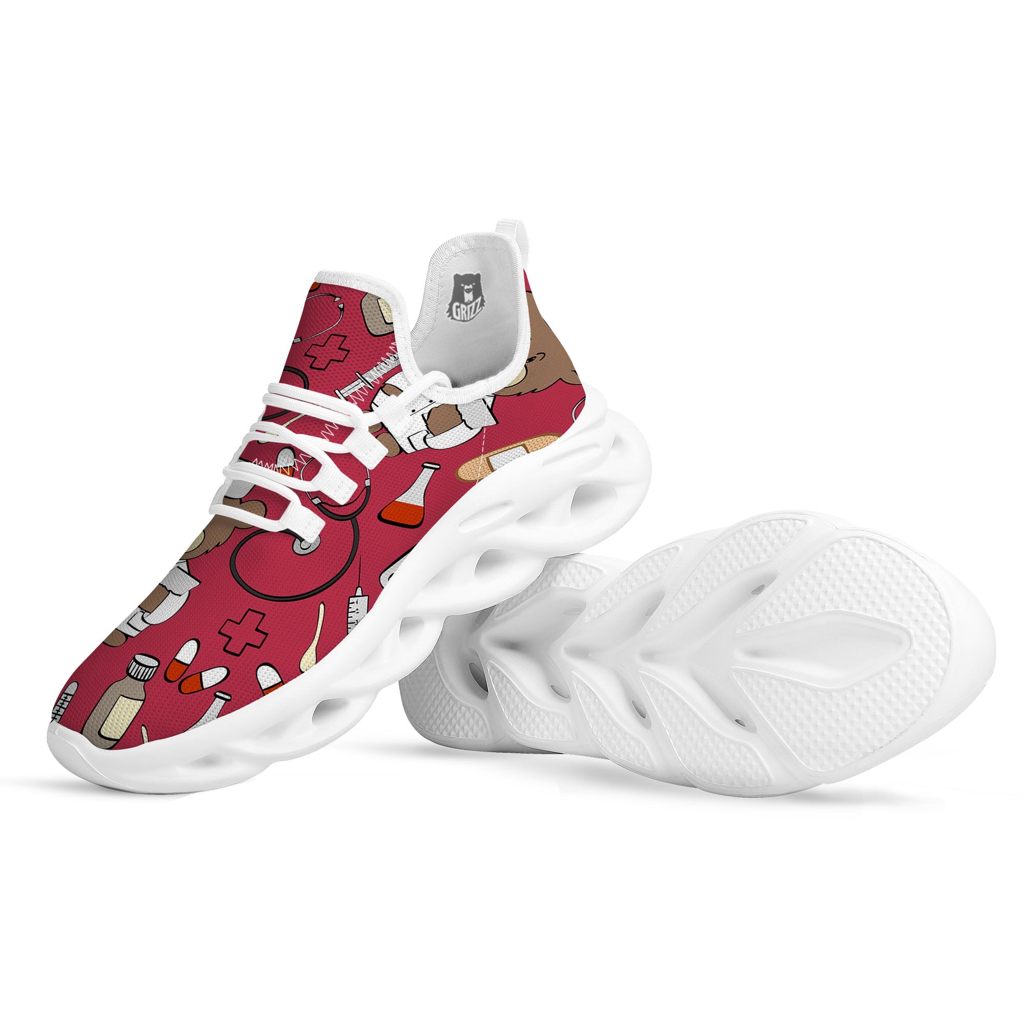 Maroon Teddy Bear Nurse White Running Shoes-grizzshop