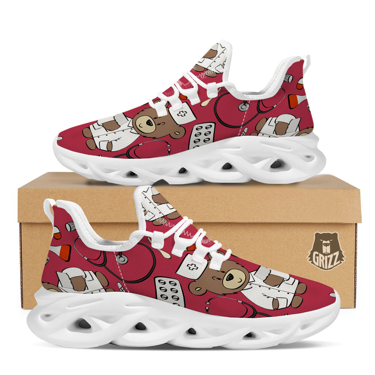Maroon Teddy Bear Nurse White Running Shoes-grizzshop