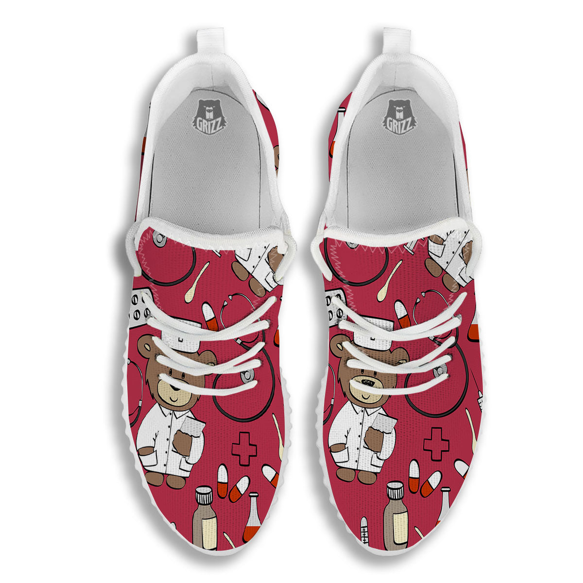 Maroon Teddy Bear Nurse White Walking Shoes-grizzshop