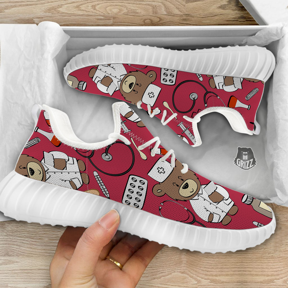 Maroon Teddy Bear Nurse White Walking Shoes-grizzshop