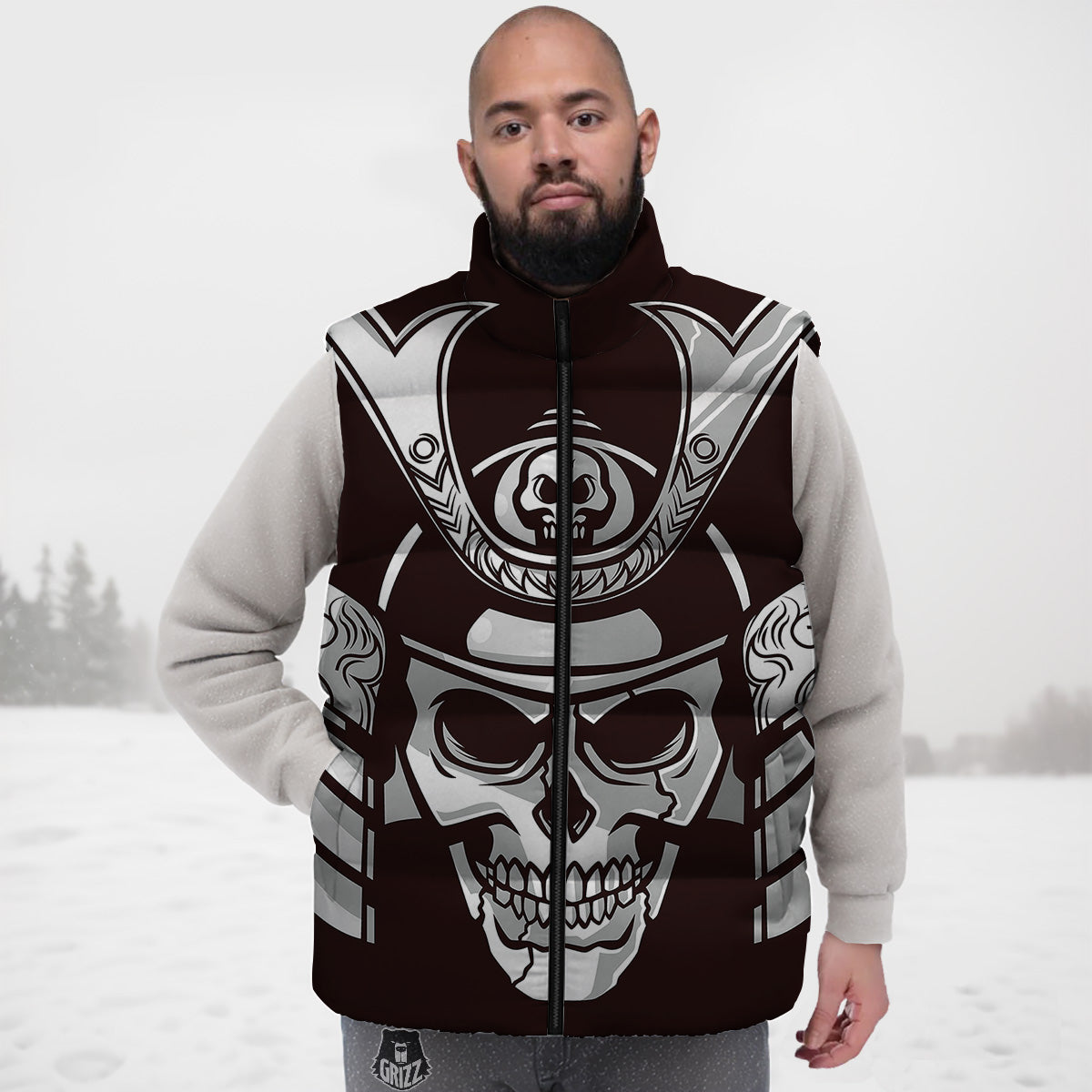 Mask Black Samurai Print Down Vest