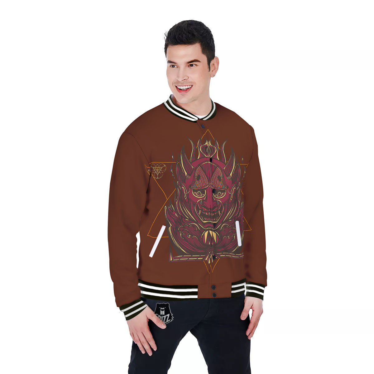 Mask Geometric Samurai Print Baseball Jacket-grizzshop