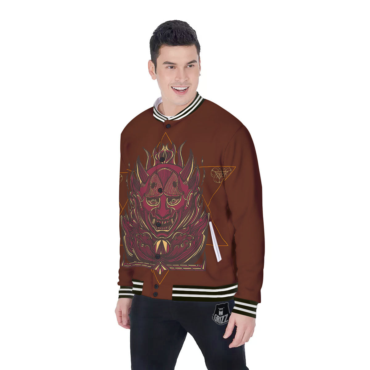 Mask Geometric Samurai Print Baseball Jacket-grizzshop