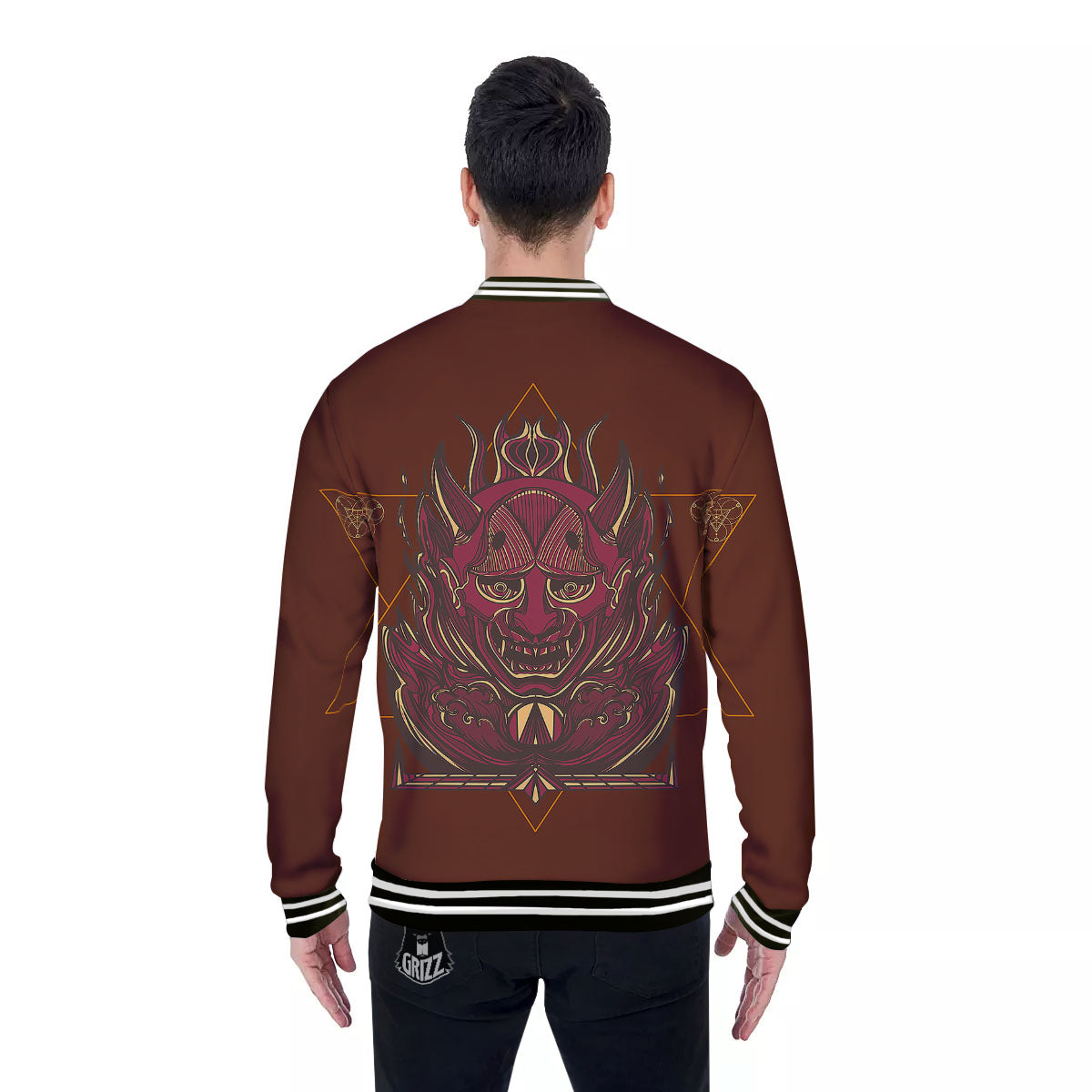 Mask Geometric Samurai Print Baseball Jacket-grizzshop