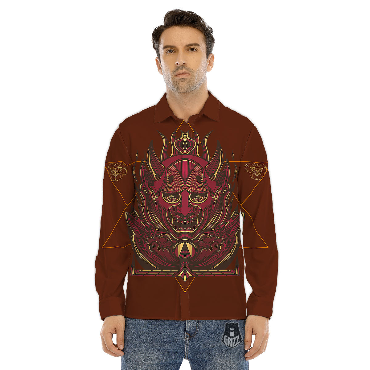 Mask Geometric Samurai Print Men's Dress Shirts-grizzshop