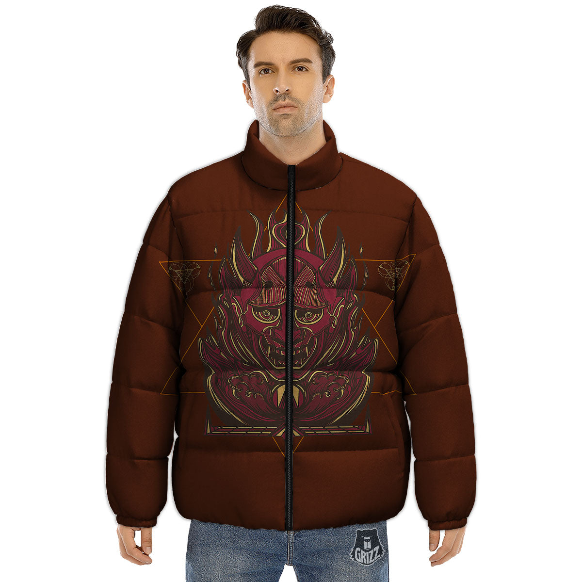 Mask Geometric Samurai Print Puffer Jacket-grizzshop