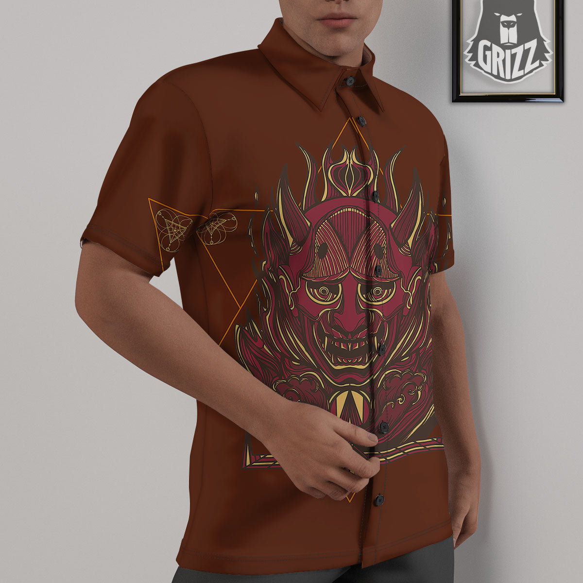 Mask Geometric Samurai Print Untucked Shirts-grizzshop