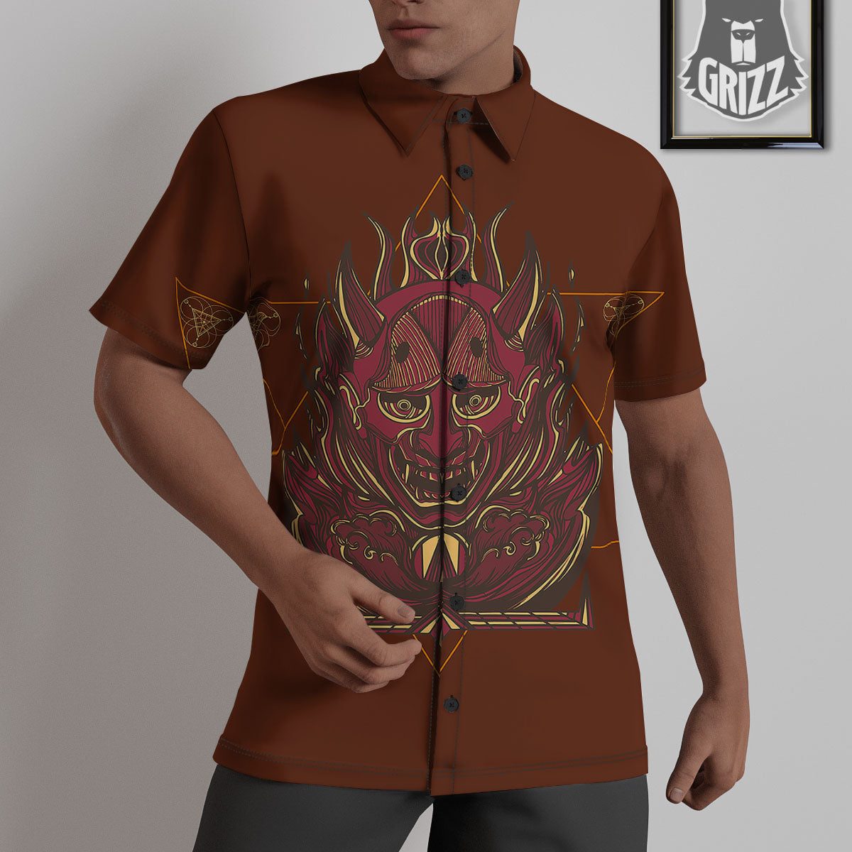 Mask Geometric Samurai Print Untucked Shirts-grizzshop