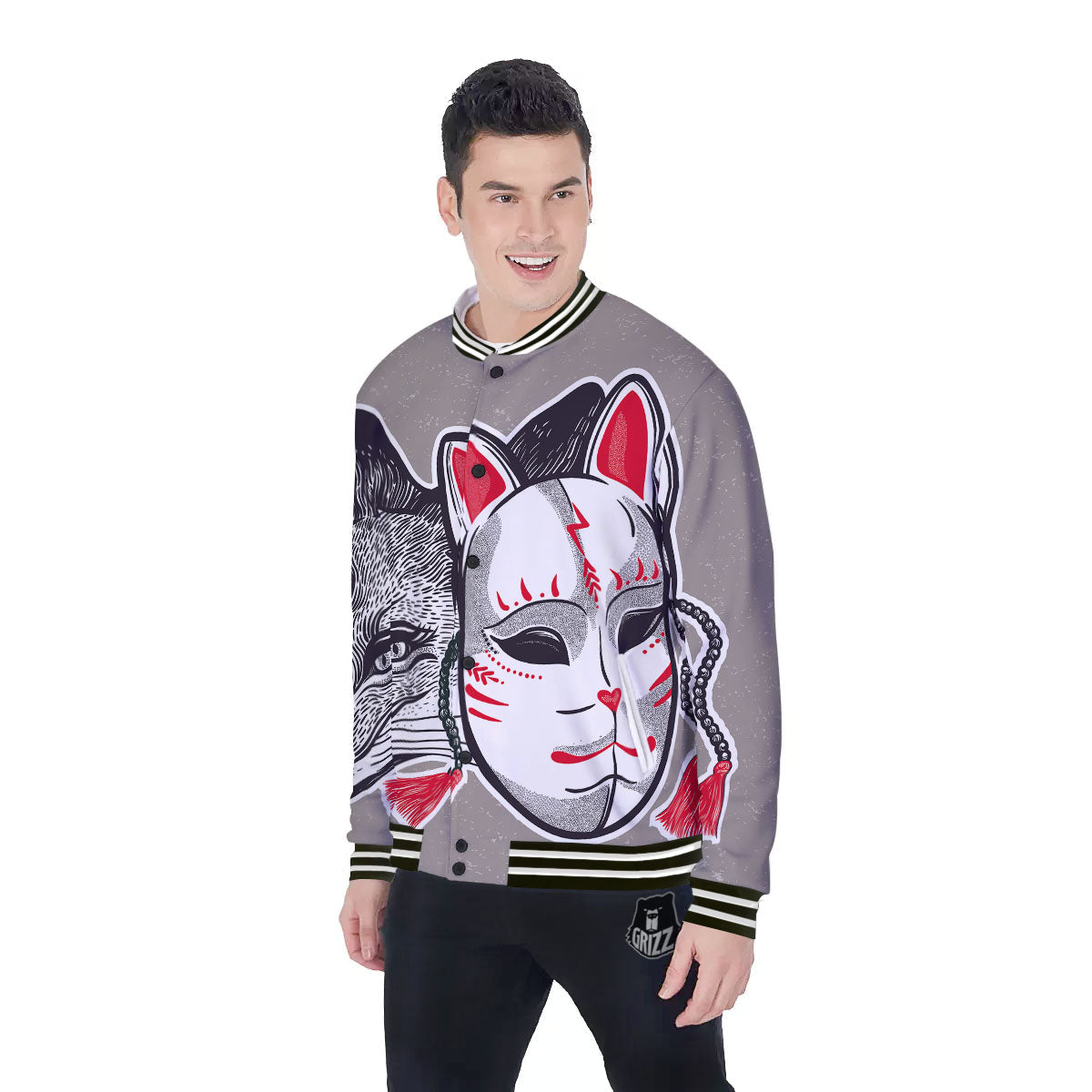 Mask Japanese Fox Print Baseball Jacket-grizzshop
