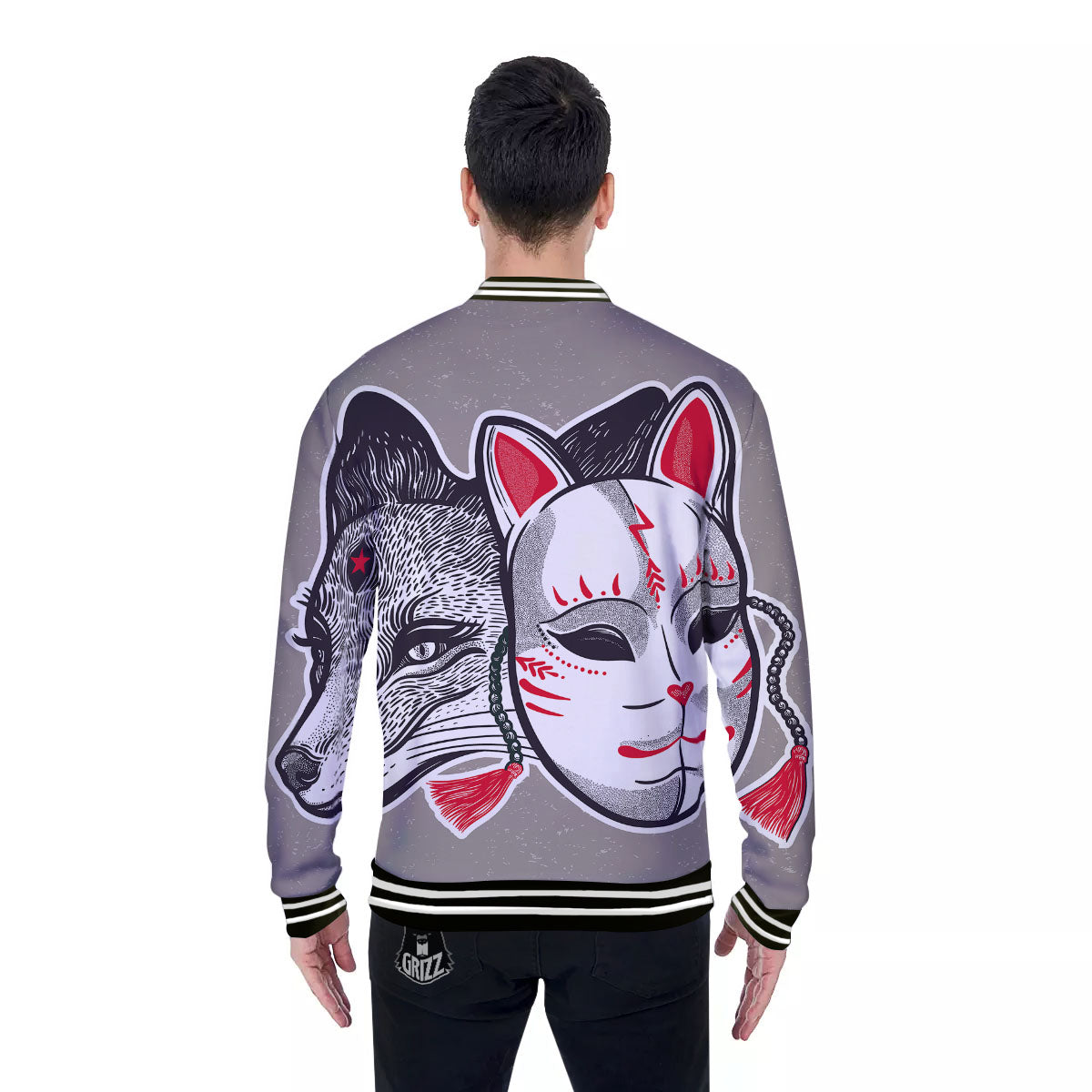 Mask Japanese Fox Print Baseball Jacket-grizzshop
