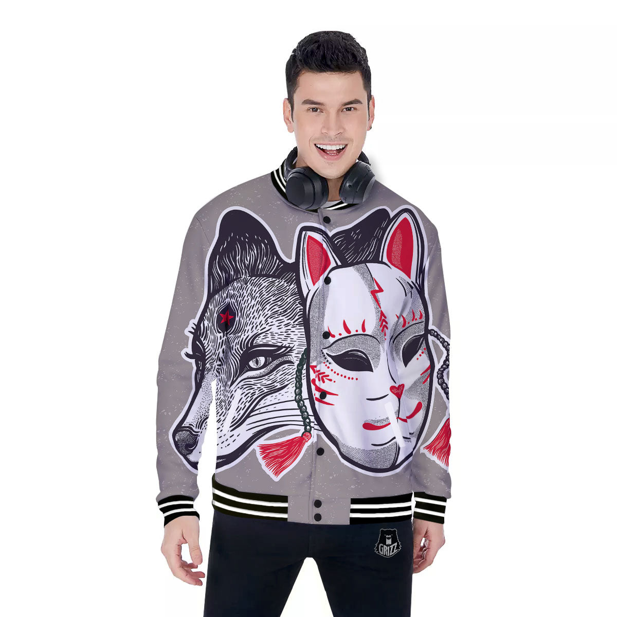 Mask Japanese Fox Print Baseball Jacket-grizzshop