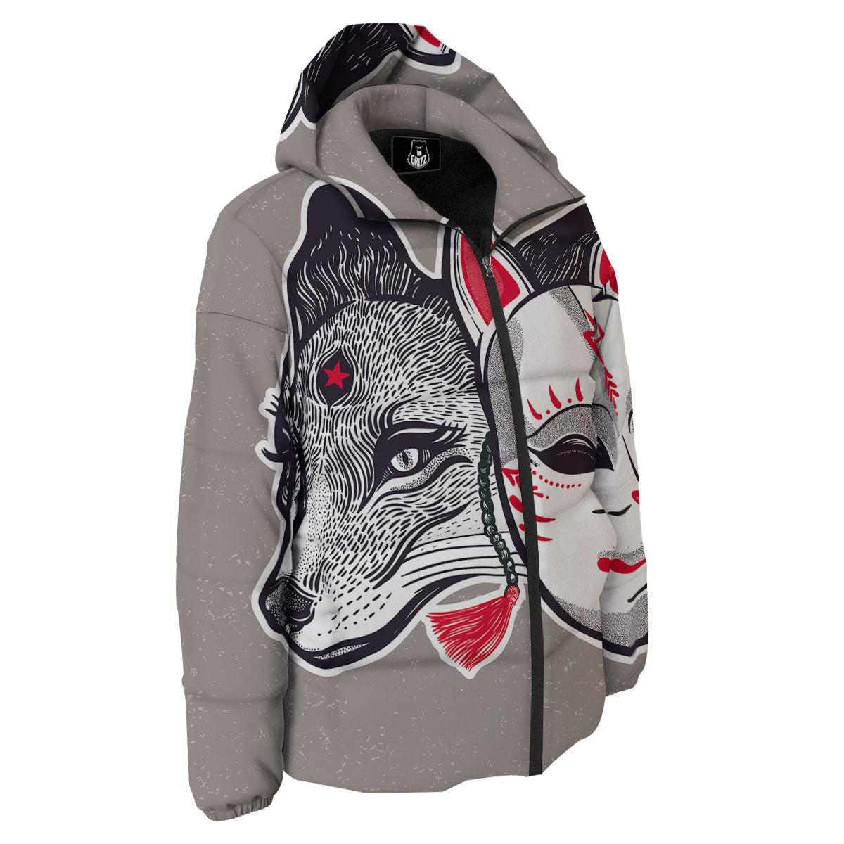 Mask Japanese Fox Print Down Jacket-grizzshop