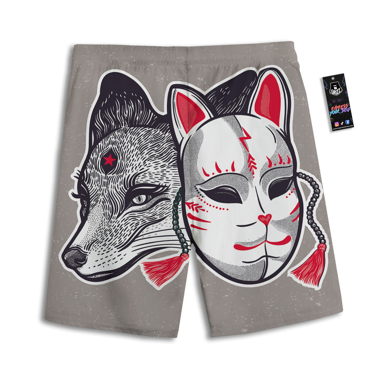 Mask Japanese Fox Print Men's Athletic Shorts