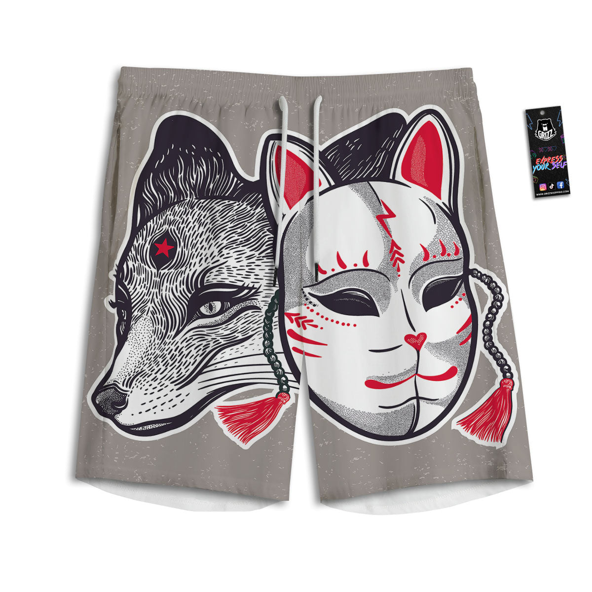 Mask Japanese Fox Print Men's Athletic Shorts