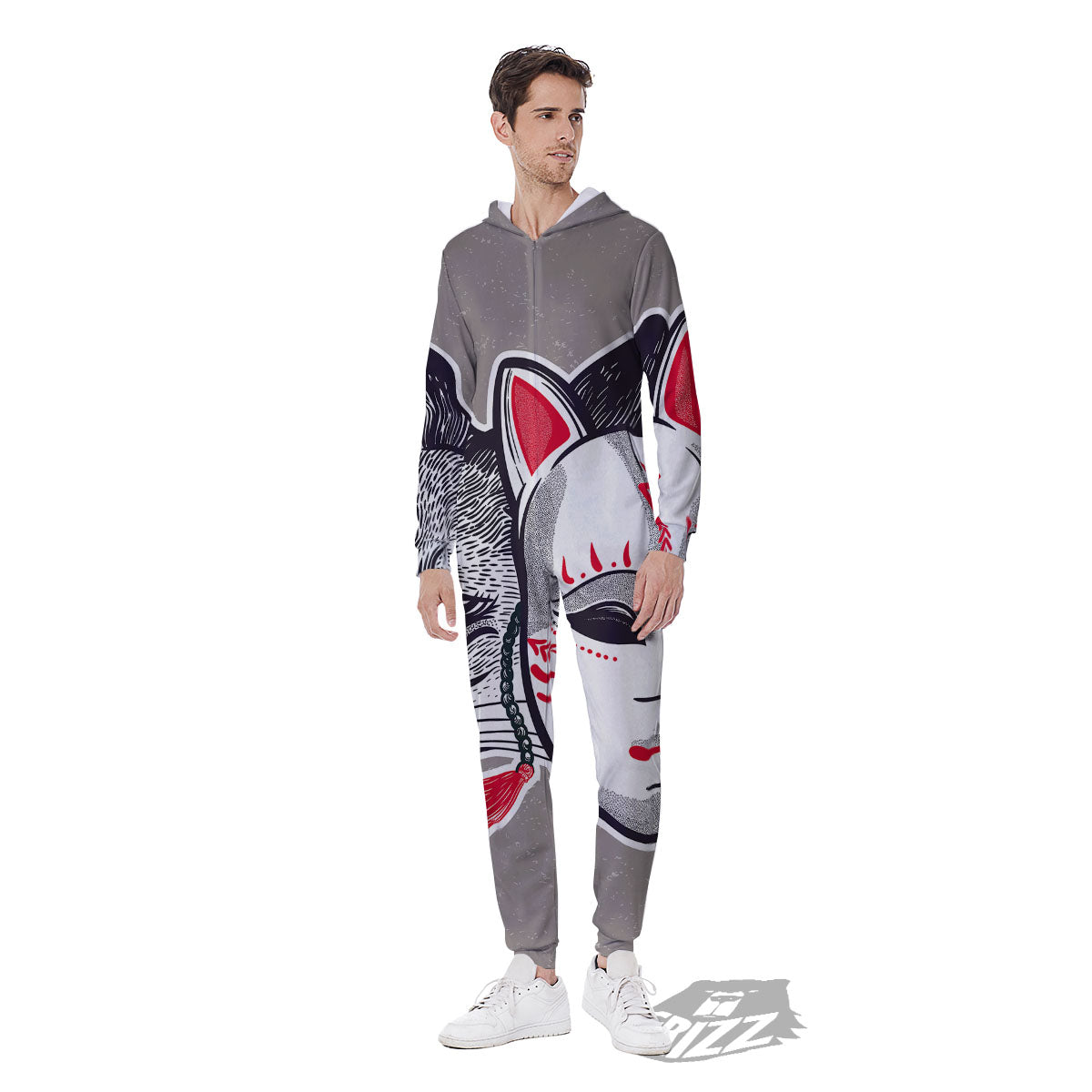 Mask Japanese Fox Print Men's Jumpsuit-grizzshop