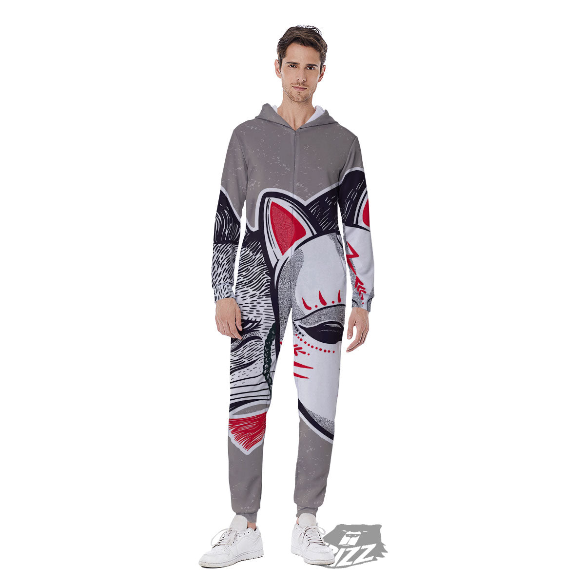 Mask Japanese Fox Print Men's Jumpsuit-grizzshop