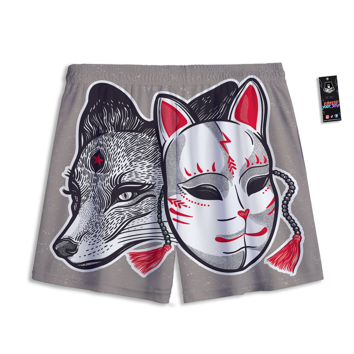 Mask Japanese Fox Print Mesh Shorts