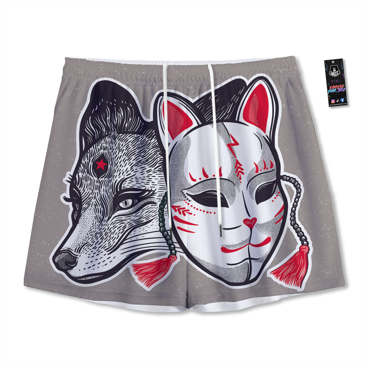 Mask Japanese Fox Print Mesh Shorts