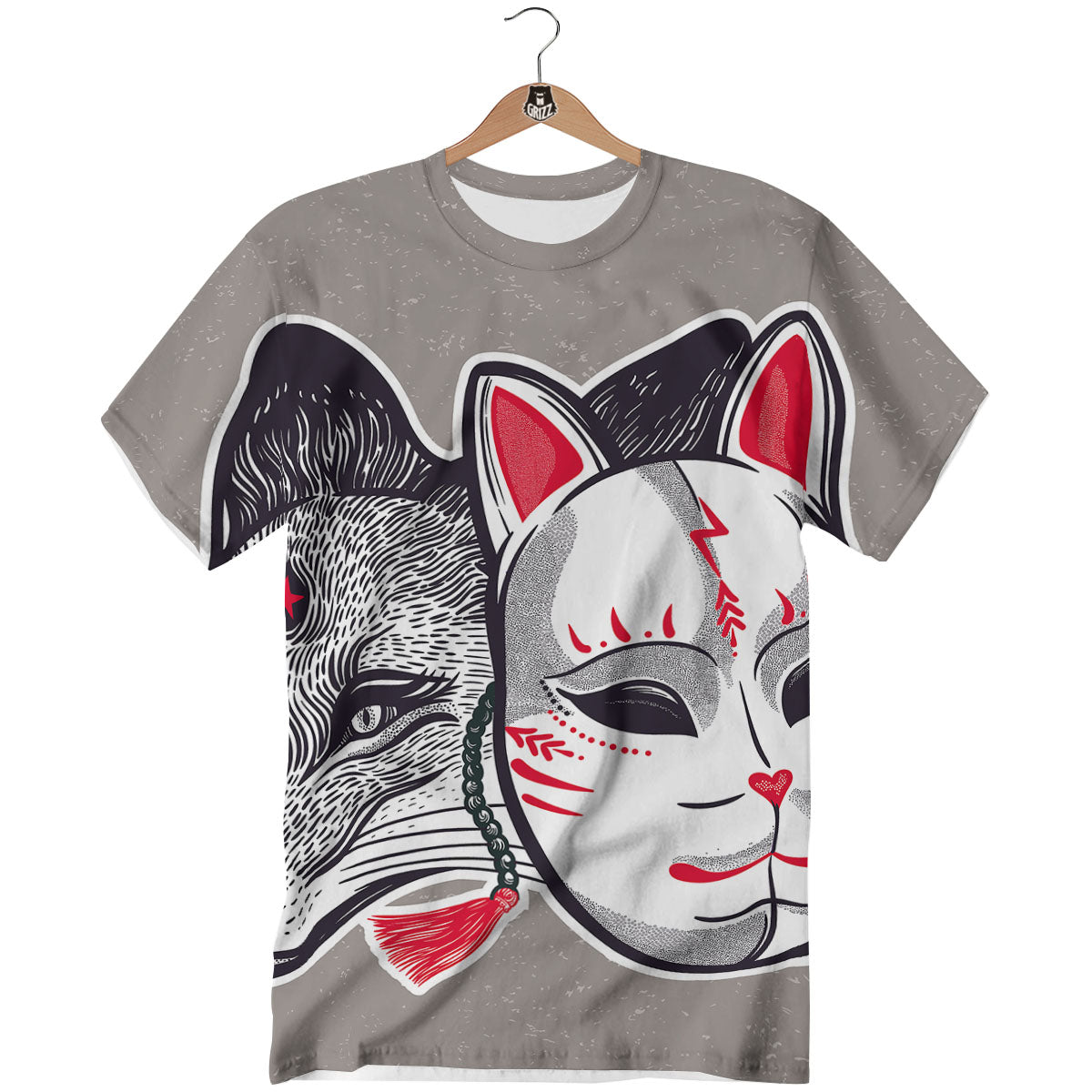 Mask Japanese Fox Print T-Shirt-grizzshop