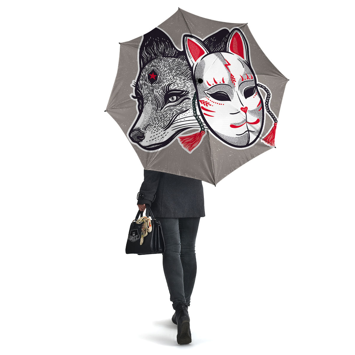 Mask Japanese Fox Print Umbrella-grizzshop