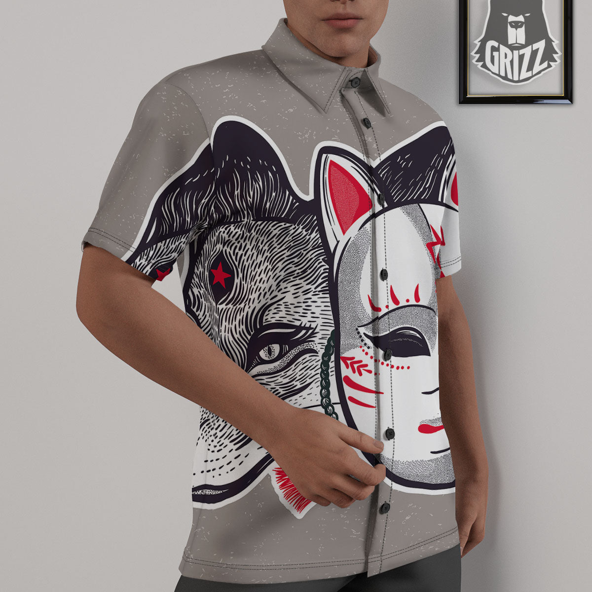 Mask Japanese Fox Print Untucked Shirts-grizzshop