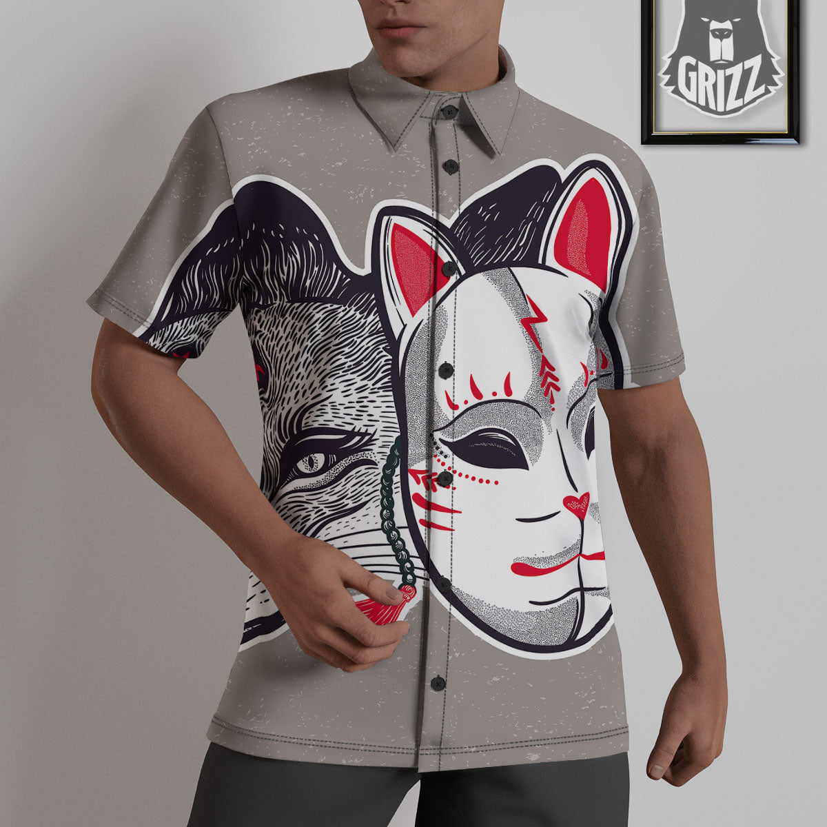 Mask Japanese Fox Print Untucked Shirts-grizzshop