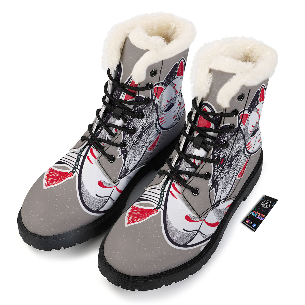 Mask Japanese Fox Print Winter Boots-grizzshop