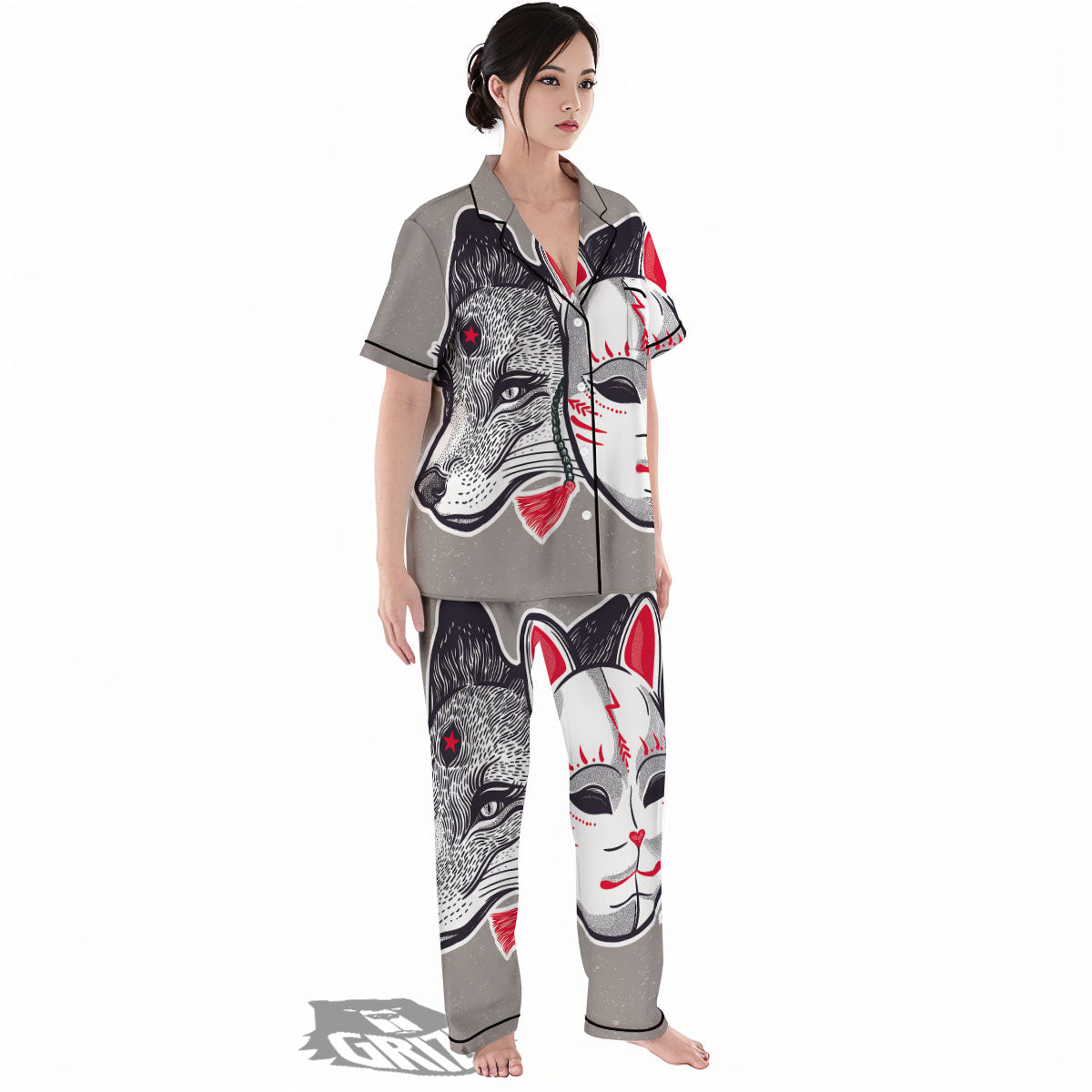 Mask Japanese Fox Print Women's Pajamas Set-grizzshop